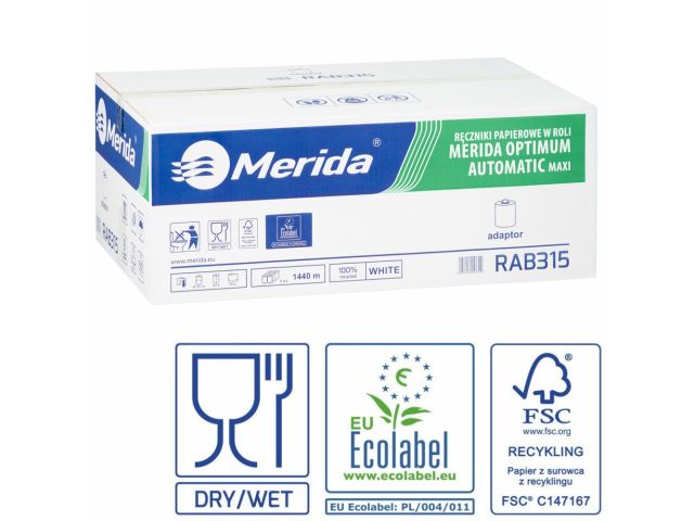Ręczniki papierowe w roli z adaptorem MERIDA OPTIMUM AUTOMATIC MAXI, białe, średnica 19,5 cm, długość 240 m, dwuwarstwowe, karton 6 rolek, Ecolabel